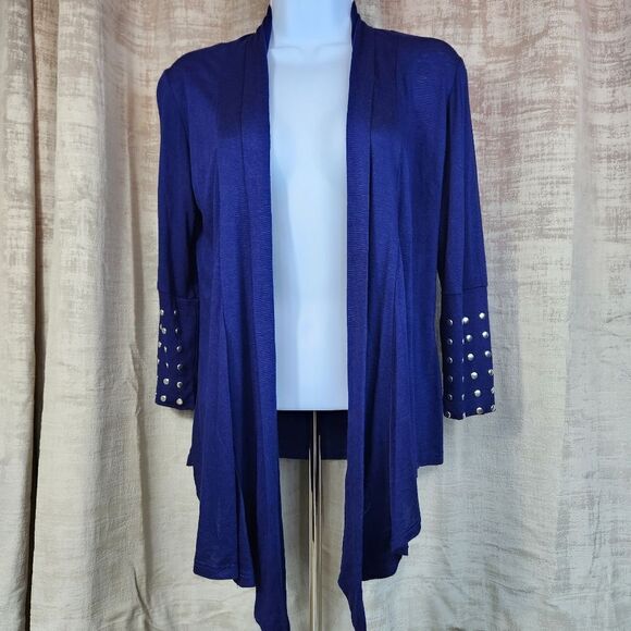 💜Jason Maxwell Blue w/Silver Studded Cuff Cascading Front Cardigan Small - Picture 1 of 13